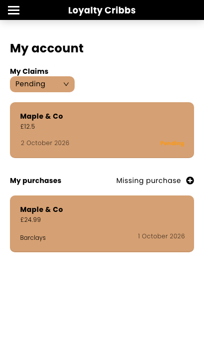 Member activities page showing the member's claims and purchases
